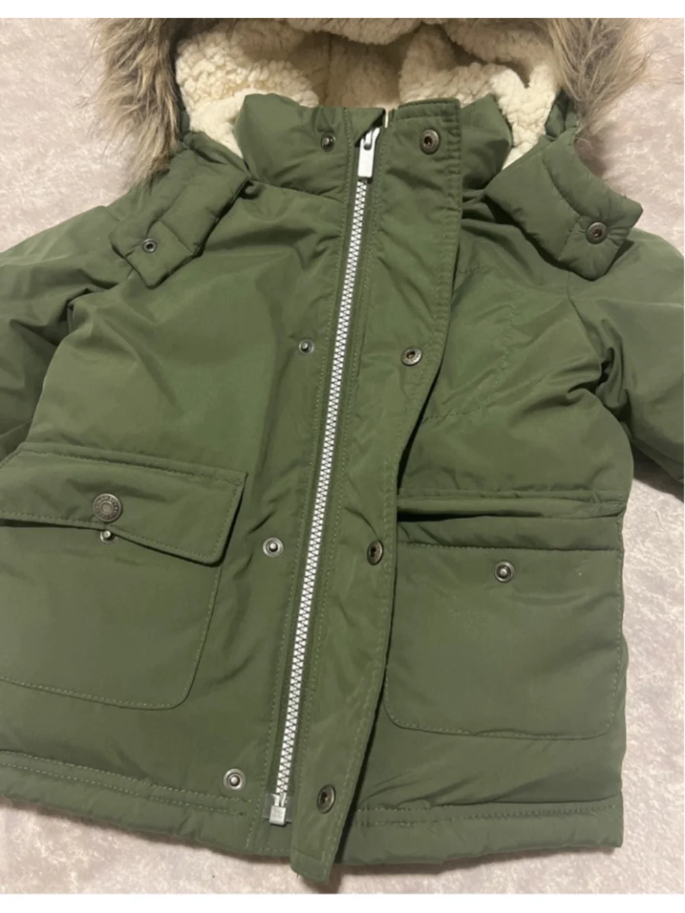 Boys Old Navy Water Resistant Hooded Snow Puffer Jacket 2T Green Faux Fur UNISEX - Picture 4 of 10